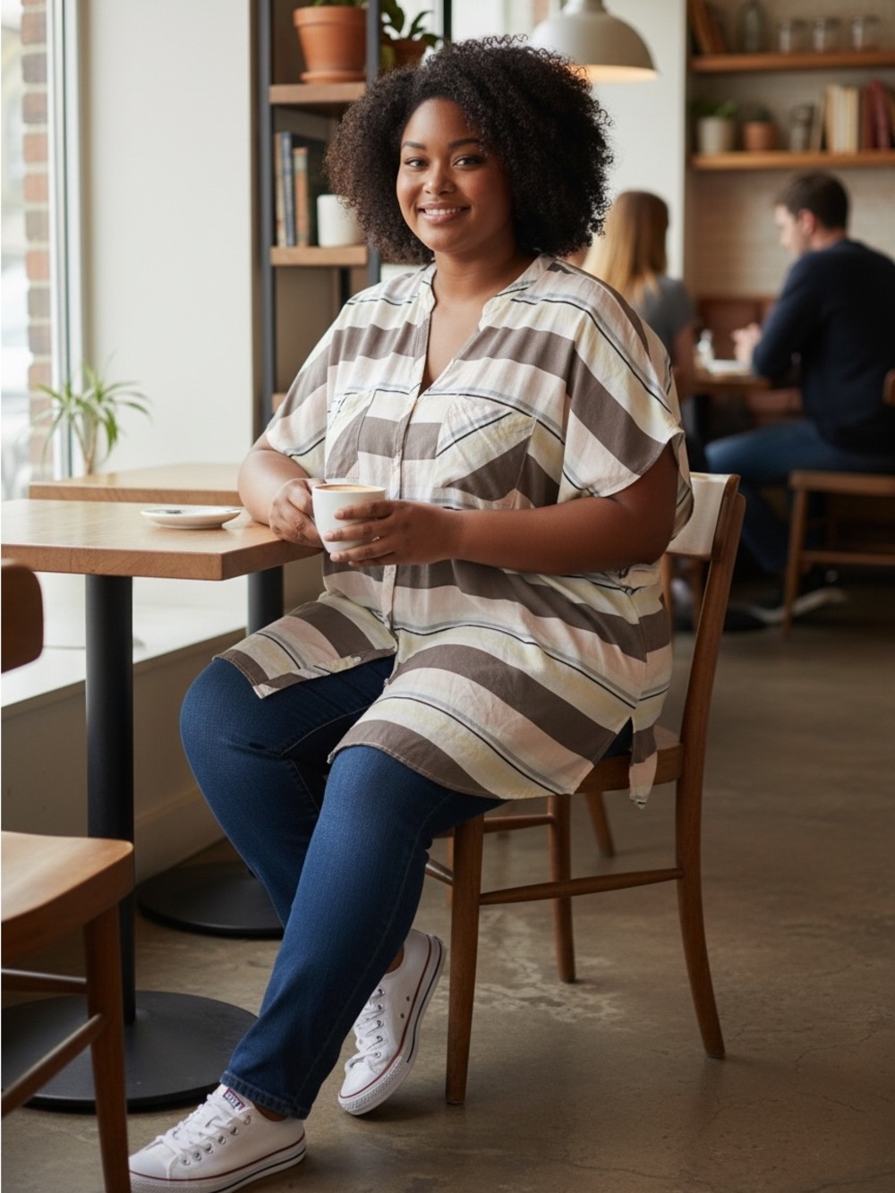 torrid Striped Button-Down Shirt in Cream, Brown and Gray